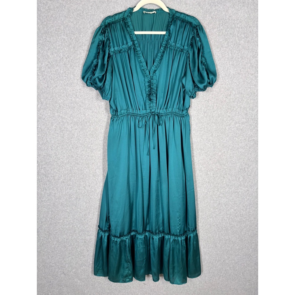 Indigo Rose Ruffle Satin Midi Dress Large Teal Puff Tiered‎ Prairie Coquette